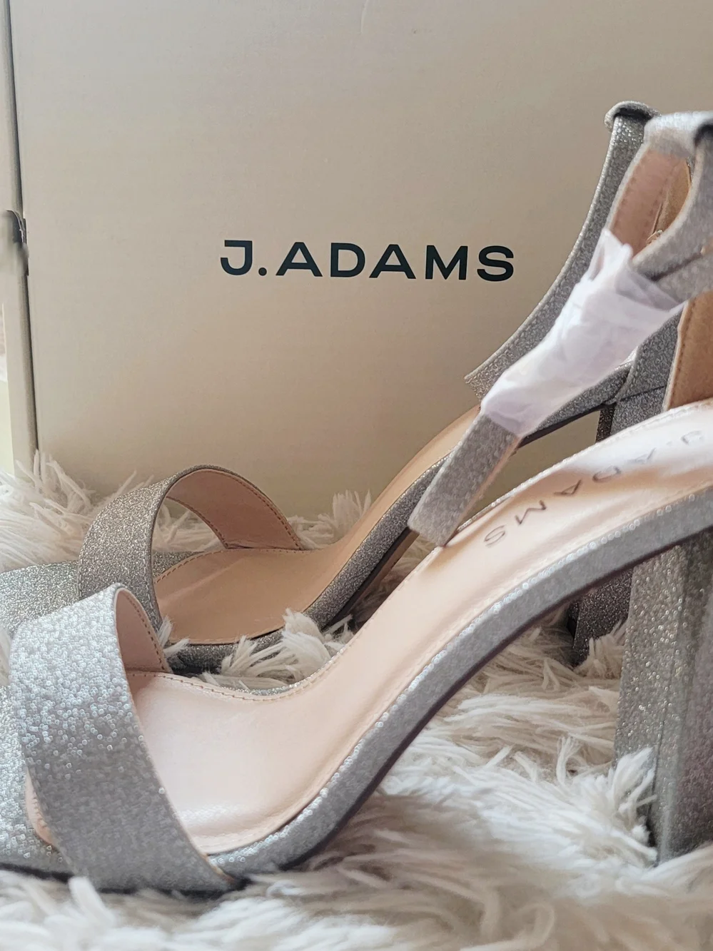 NWB J.Adams Silver Glitter Block Heel Sandals Sz 10
